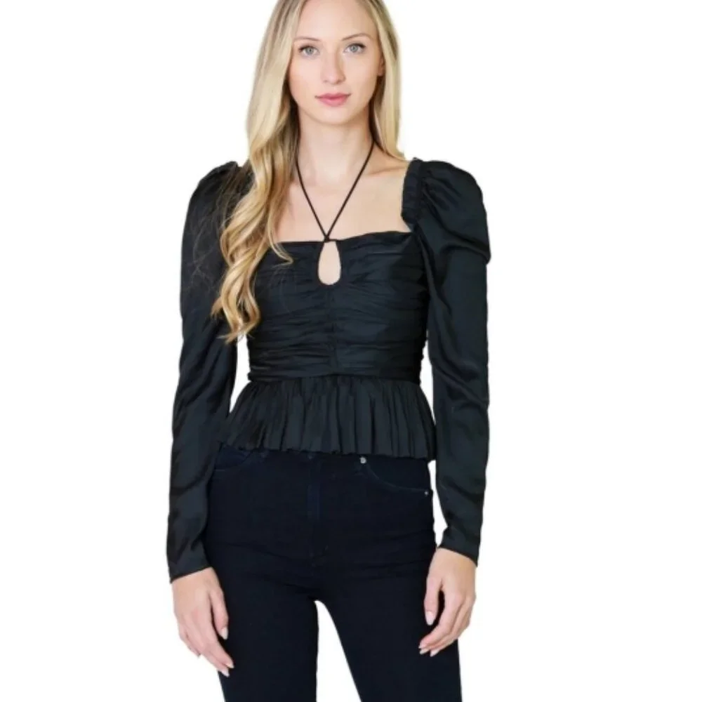 NWOT Ulla Johnson Mirelle Black Ruched Peplum Noir Blouse M $395